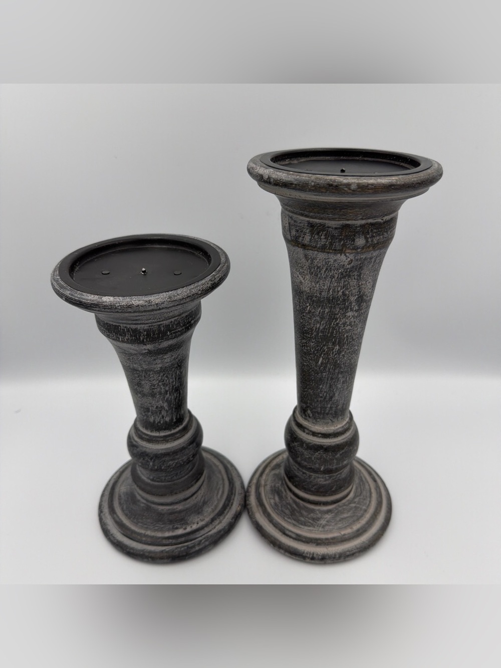 Traditional Decor Distressed Wood Candle Holders Gray Tone Missing Center Insert